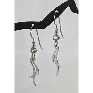Silver Forest Dangle Surgical Steel Earrings Blue Beaded Silver Flame New